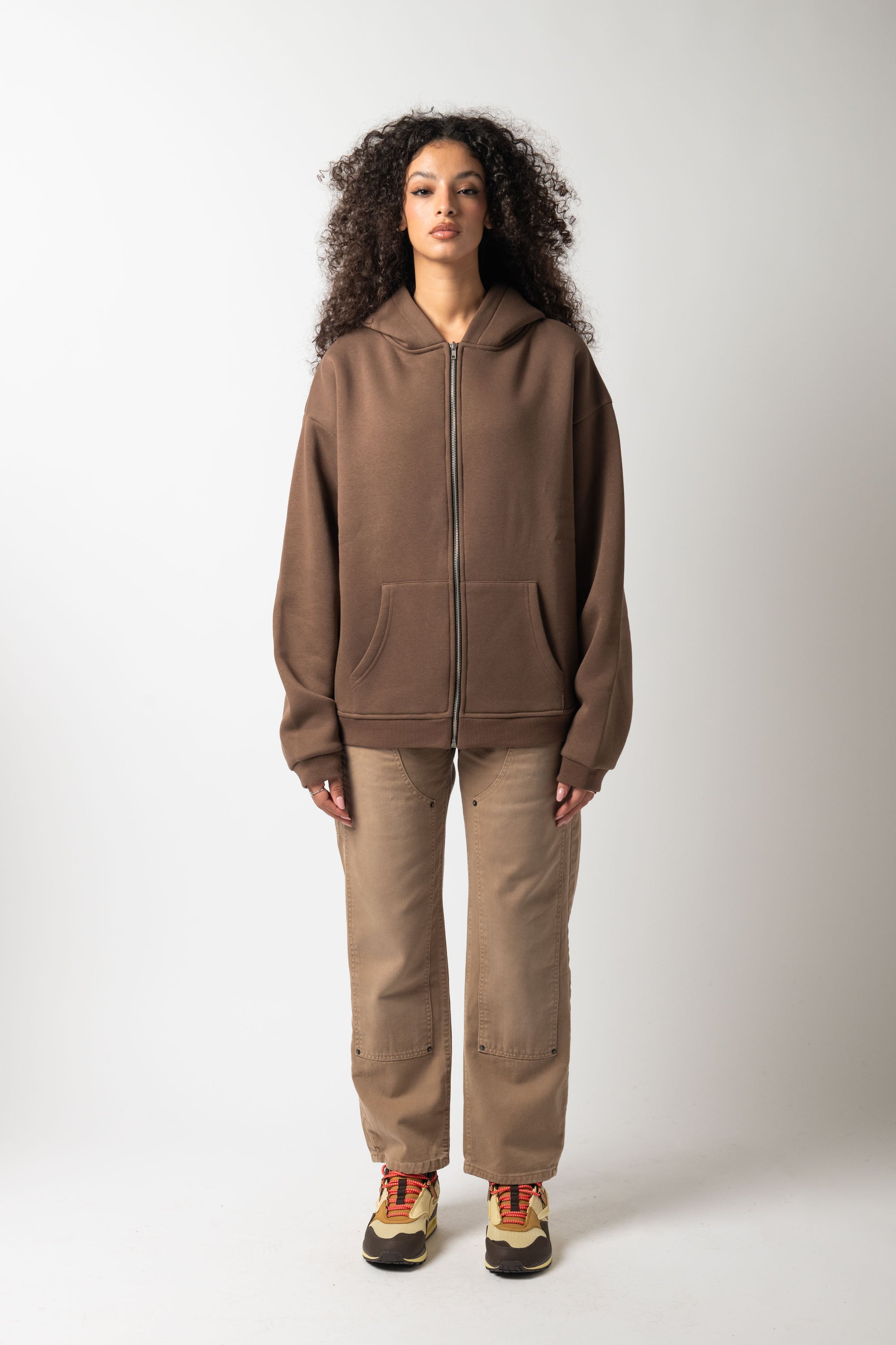 Hoodie Zip Match Brown